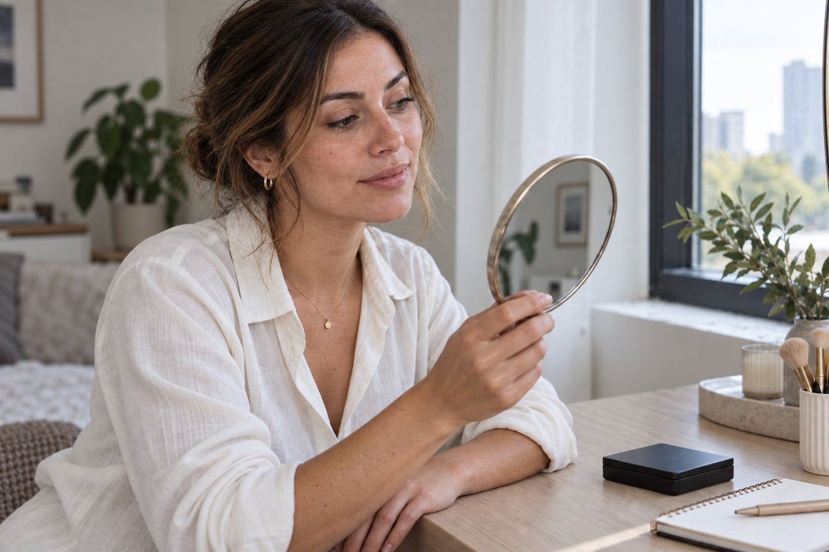 Woman checking her eye makeup in a handheld mirror beside a window.
