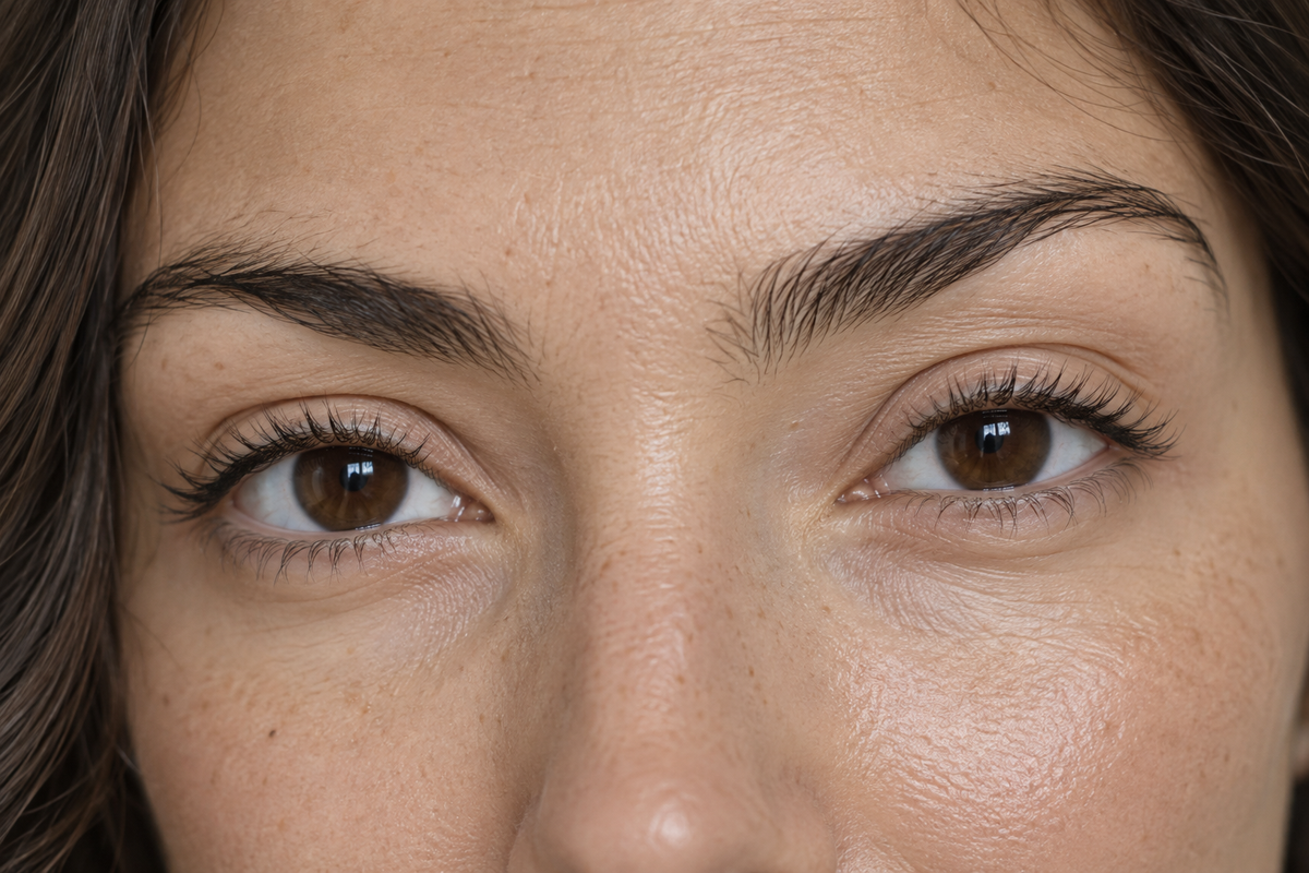 Close-up of a soft lash look with bare eyelids and no drawn eyeliner.