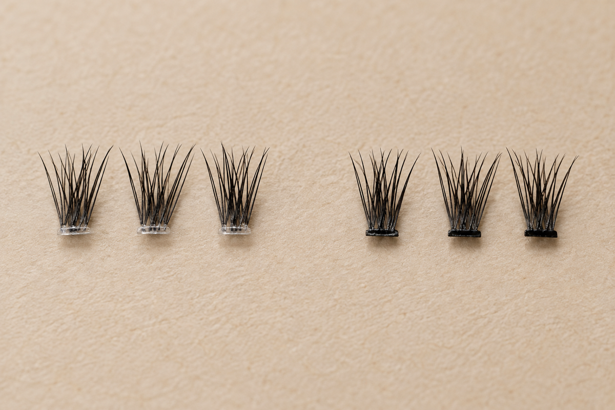 Clear-band and black-band lash clusters arranged side by side to compare their bases.