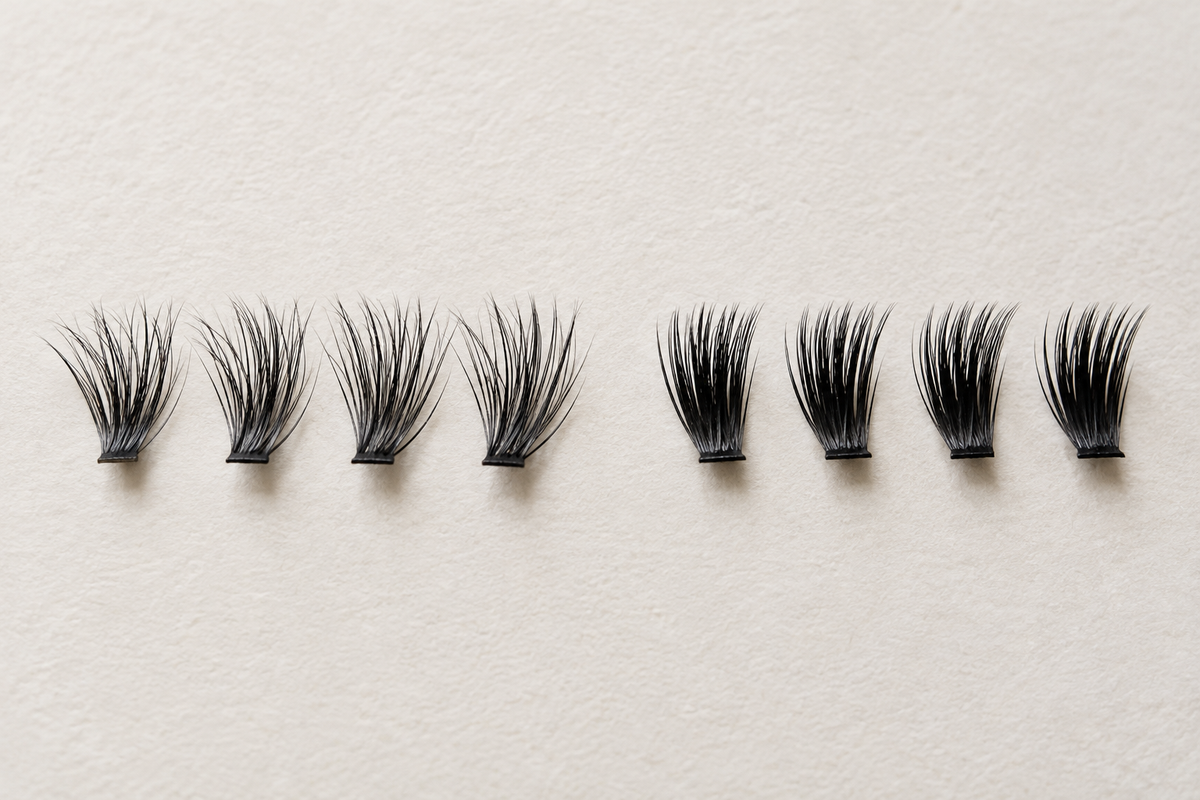 Airy fluffy lash clusters beside denser clusters for a texture comparison.