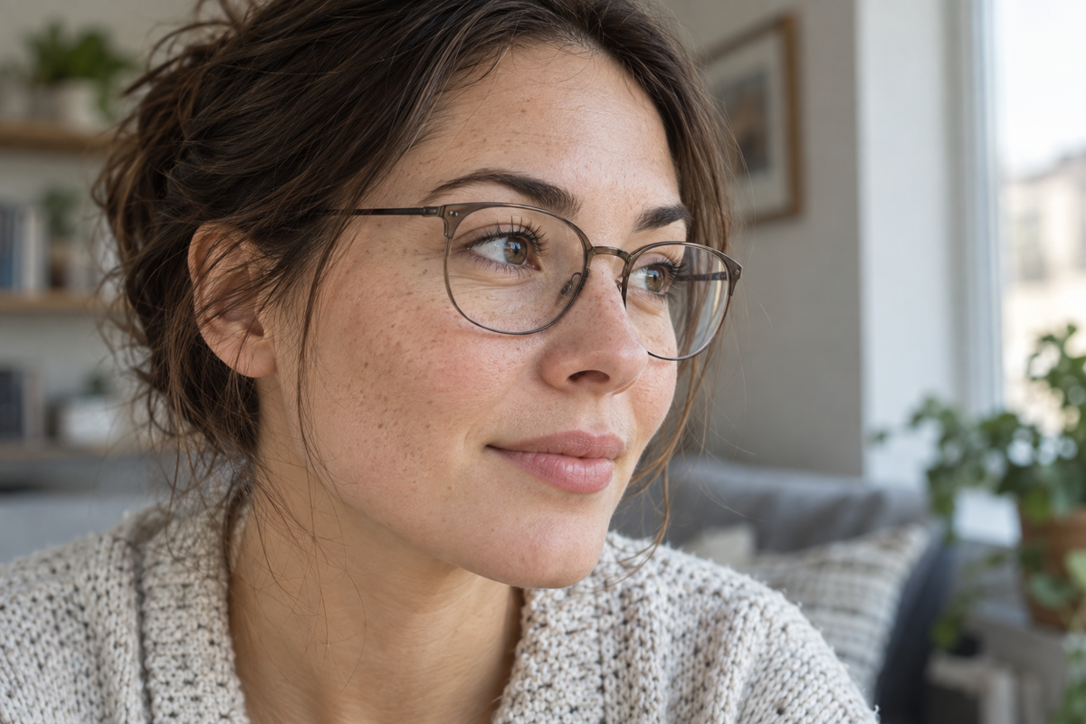 Woman wearing glasses with a softly defined lash look in natural light.