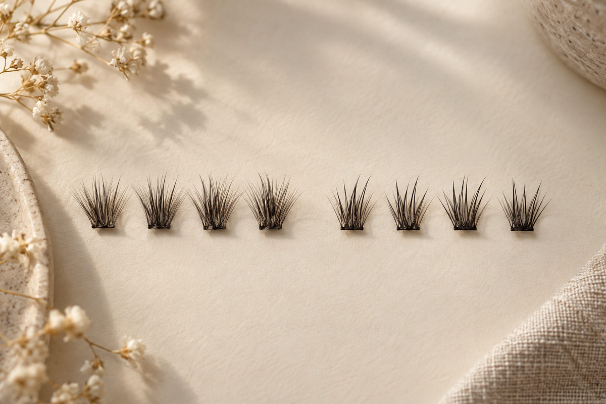 Soft blended wispy lash clusters compared with separated spiky-wispy clusters.