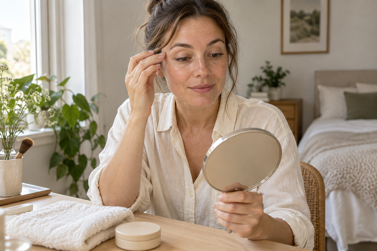 Editorial illustration of a woman checking her eye makeup in a hand mirror beside a window.
