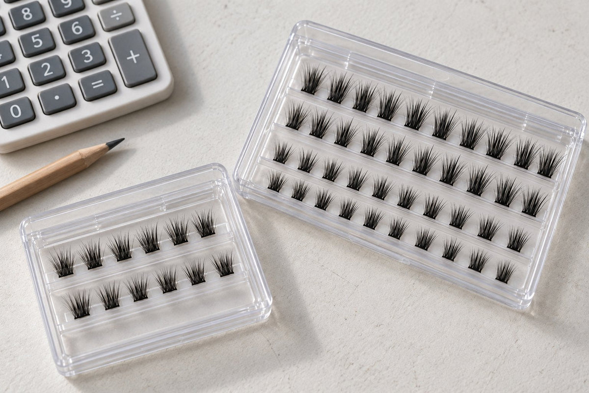 Two unbranded trays of lash clusters beside a calculator for a pack-value comparison.