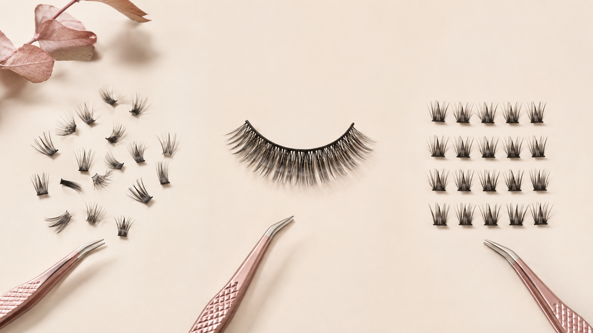 Lash clusters, a strip lash, and individual lash pieces arranged for comparison