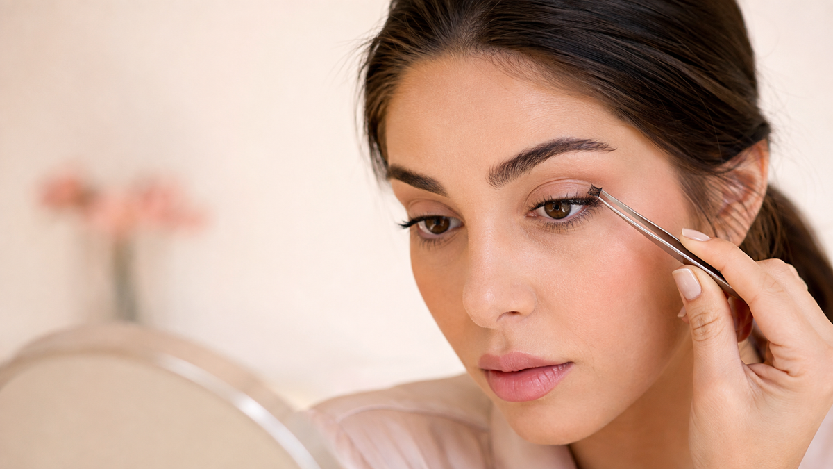 Woman carefully applying a small lash cluster with precision tweezers