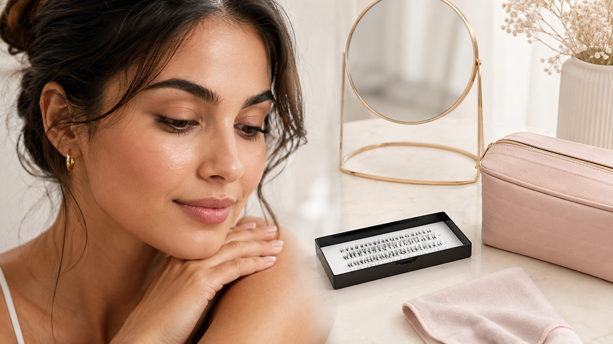 Woman beside a clean lash tray and neatly arranged lash care essentials