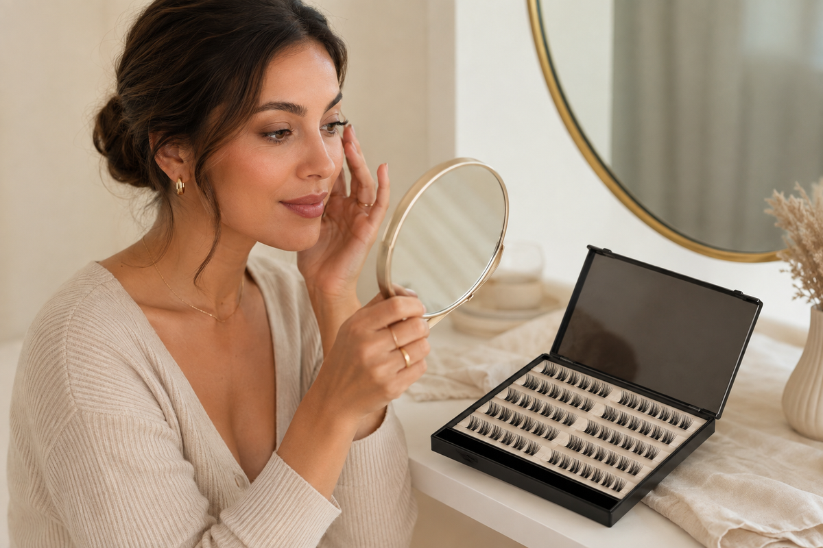 Woman comparing natural, wispy, fox-eye and volume glueless lash clusters at a vanity
