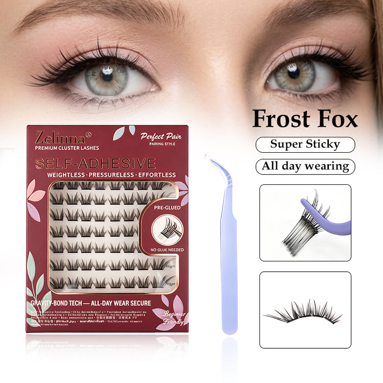 Zelinna Frost Fox glueless lash clusters — soft wispy fox-eye Obsidian lashes with a black band